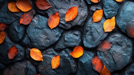 Poster - Autumn leaves on dark stone wall.