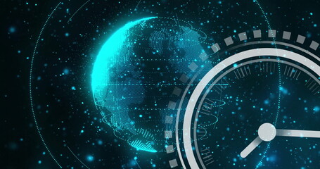 Poster - Image of moving clock over globe and light spots on black background