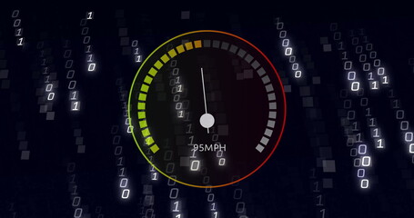 Poster - Image of speedometer over data processing on black background