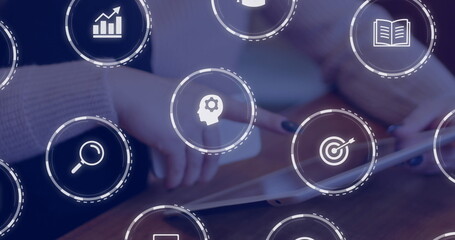 Poster - Image of digital icons processing over caucasian woman using tablet