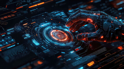 Hand touch digital hud interface futuristic technology background of virtual computer screen display ui future concept or cyber communication hologram and innovation internet system on vr cyberspace.