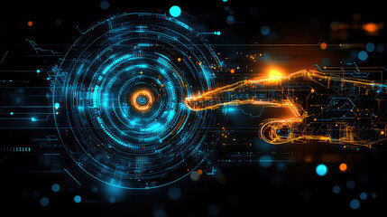 Hand touch digital hud interface futuristic technology background of virtual computer screen display ui future concept or cyber communication hologram and innovation internet system on vr cyberspace.