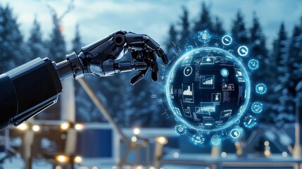 Poster - Robotic Hand Reaching for Digital Globe Surrounded by Cyber Technology in Winter Landscape
