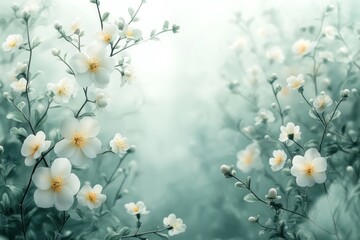 Poster - Soft watercolor backdrop showcases blooming flowers in light green tones, creating a tranquil and refreshing atmosphere