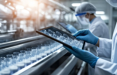 Poster - Laboratory Technician Using Tablet to Monitor Pharmaceutical Production in High-Tech Cleanroom Environment