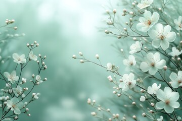 Poster - Soft light green backdrop highlighted by graceful white flowers and budding branches creates an elegant, calming atmosphere in nature