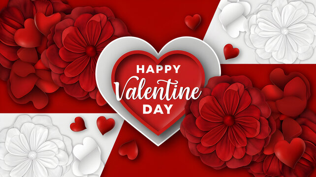Happy valentine day banner, red and white background, 8k resolution, realistic image, flower, love shape, love