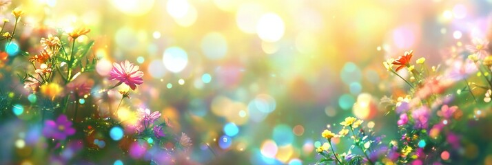 colorful wildflower meadow with bright sunlight and bokeh effect