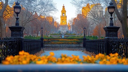 Poster - Autumnal park path leading to clock tower.