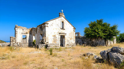 Ruined coastal church under blue sky, overgrown vegetation.  Ideal for historical, travel or religious themed projects