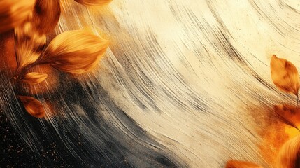 Poster - Abstract Composition of Modern Brushed Gold Textures with Elegant Leaves in Warm Tones and Dynamic Swirls for Artistic Backgrounds