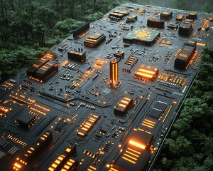 Poster - Futuristic circuit board in lush rainforest.