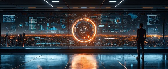 Poster - Futuristic cityscape viewed through a large window displaying holographic data.