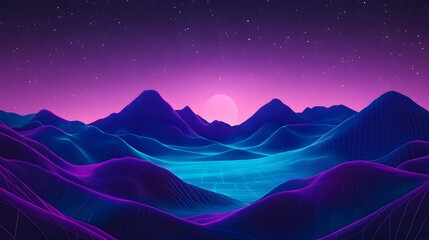 Wall Mural - a sci-fi setting with glowing hills in purple and blue hues, illuminated by a clear night sky dotted