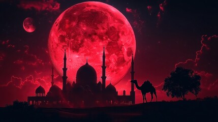 Wall Mural - Blood moon rising over desert mosque and camel.