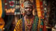 © Tatsiana - Young African man in traditional clothing, standing in bright market setting. Black History month
