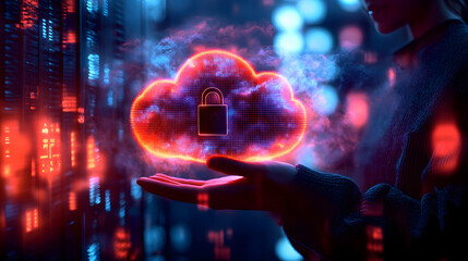 Sticker - person holding glowing holographic cloud with padlock symbolizes digital security and data protection. This image conveys sense of innovation and technology in digital age