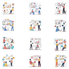 set business flat vector illustration design style concept. for graphic and web page banners. cartoon character design. team online video conference meeting. business planning. finance.  data analytic