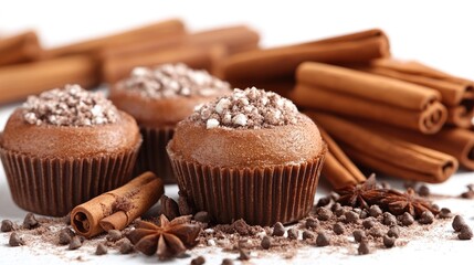 Wall Mural - Delicious chocolate cupcakes topped with sprinkles and surrounded by cinnamon sticks and chocolate chips