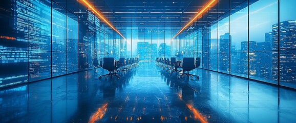 Poster - Modern futuristic office with city view.