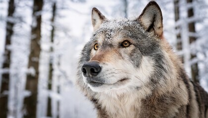  Majestic wolf observing snowy winter forest, wildlife portrait