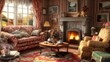 © Thinnawat - Cozy Living Room with Fireplace and Beautiful Floral Decor, Featuring Elegant Furniture and Warm Atmosphere in a Charming Vintage Style