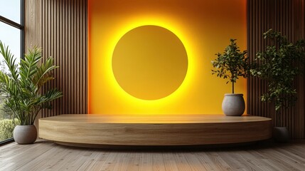 Poster - modern kitchen display with warm colored background and wooden podium featuring green plants and sty