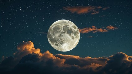 full moon and stars over a dark ocean with clouds and moonlight reflecting on the water