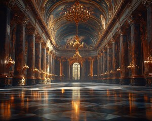 Poster - Opulent palace hall with marble columns, chandeliers, and grand architecture.
