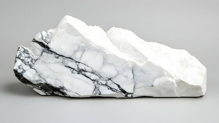 Raw white marble stone with black veins, isolated on gray background.  Use Interior design, geology, art