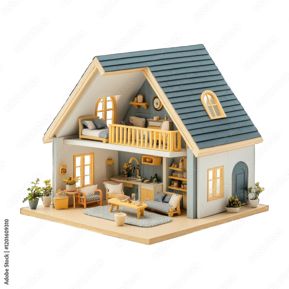 Miniature Wooden Dollhouse With Detailed Interior Design And Open