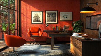 Wall Mural - Modern Home Office with Red Accents and Large Window