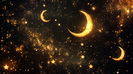 golden celestial dreamscape: a night sky adorned with crescent moons and shimmering stars