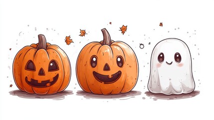 Wall Mural - Cute cartoon pumpkins and ghost Halloween illustration.