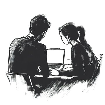 Man and a woman are sitting at a table looking at a laptop