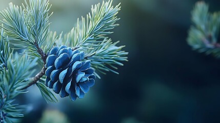 Blue pine cone on branch, forest background, nature detail, website banner