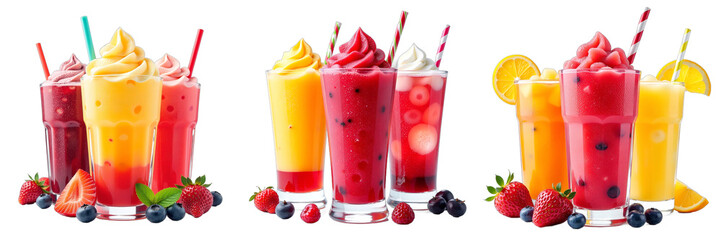 Poster - Frozen Fruit Slush And Colorful Cocktail Drinks Are Isolated On A White Background For Visual Effect And Display Purposes. 00001