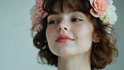 Wall Mural - A woman with a flowery headband is wearing a pink and white outfit. She has a pretty smile and her eyes are closed