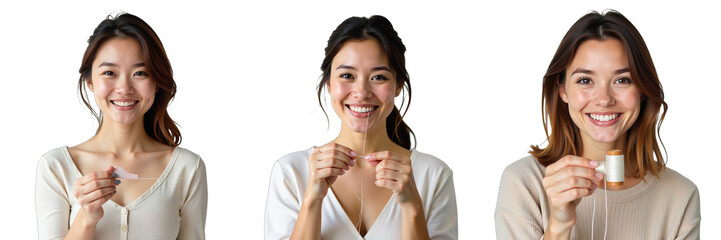 Poster - A Smiling Woman Holds A Sewing Thread Against A Plain White Background In This Quiet, Serene Portrait Image. 00001
