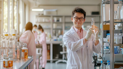 Poster - Laboratory technician holding vial, showcasing vaccine production process