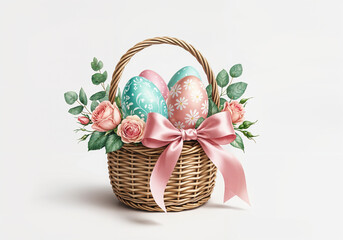 Wall Mural - charming wicker basket adorned with a pink ribbon, overflowing with colorful easter eggs and delicat