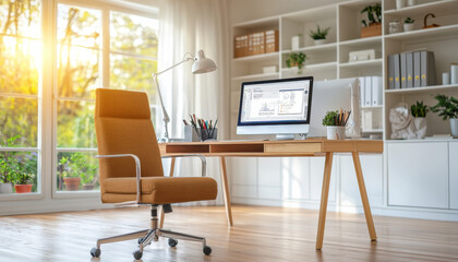 Poster - bright home office featuring ergonomic furniture and computer setup