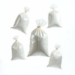 Poster - five pristine white bags float against a stark white backdrop, creating a surreal, minimalist image.
