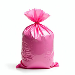 Poster - A vibrant pink garbage bag, tied neatly at the top.  Its glossy surface reflects light, creating a captivating visual. A simple yet striking image.