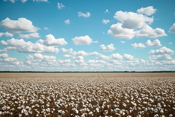 Wall Mural - Expansive cotton field under a bright blue sky with fluffy clouds
