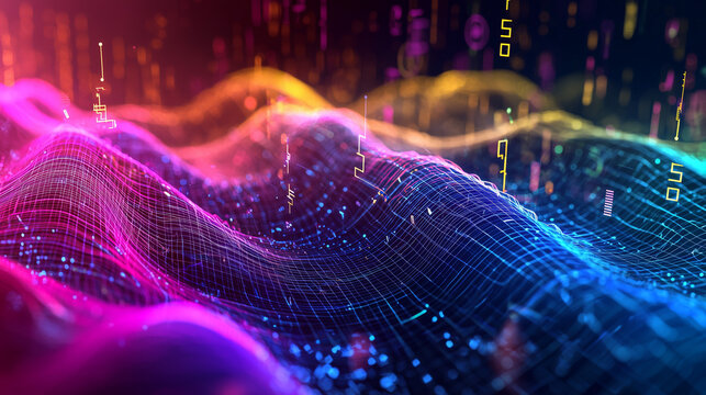 A highly detailed rendering of quantum fields, visualized as rippling grids of energy waves in vibrant colors, surrounded by abstract mathematical symbols, illustrating quantum physics concepts.