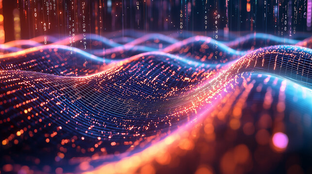 A highly detailed rendering of quantum fields, visualized as rippling grids of energy waves in vibrant colors, surrounded by abstract mathematical symbols, illustrating quantum physics concepts.