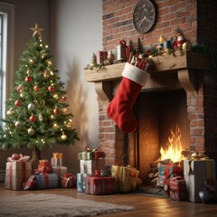 Wall Mural - Christmas stocking hung by chimney with presents, festive scene, festive holiday, stocking holder