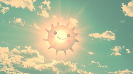 Poster - Cartoon sun with a happy face in a cloudy sky.