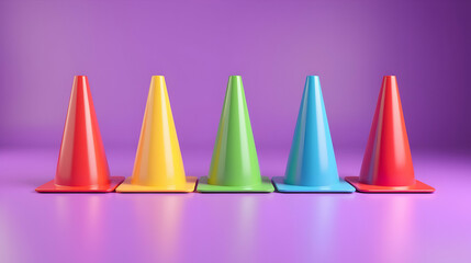 Poster - Vibrant rainbow traffic cones stand in a row against a purple backdrop, creating a playful yet striking visual contrast.  Their smooth surfaces reflect light, adding to the image's modern aesthetic.
